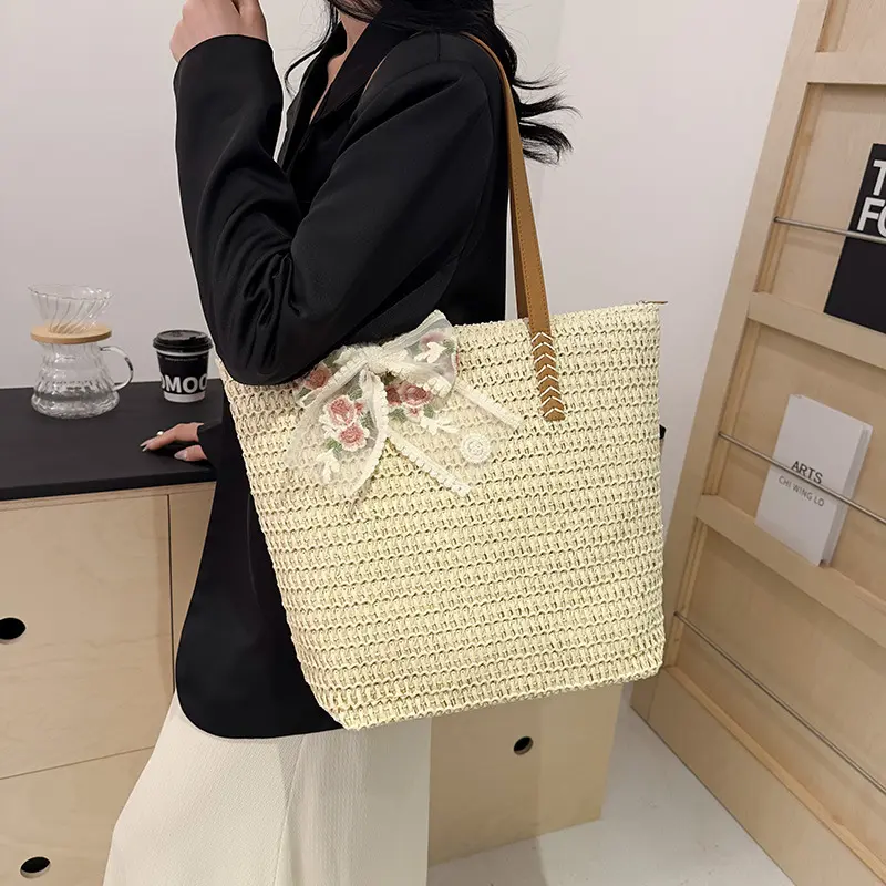 Straw Weave Ribbon Tote Summer Beach Bags for Women's Large Capacity Fashion Shoulder Bag Ladies Hand-Woven Handbags Purses