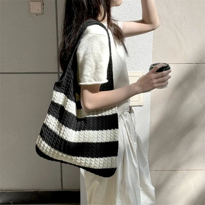 Simple Woven Shoulder Bags Women Large Capacity Summer Casual Handbags Stripe Tote Sling Purses Beach Style