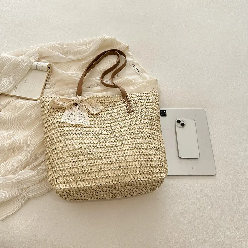 Straw Weave Ribbon Tote Summer Beach Bags for Women's Large Capacity Fashion Shoulder Bag Ladies Hand-Woven Handbags Purses