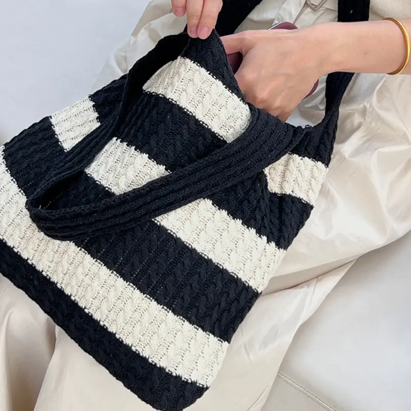 Simple Woven Shoulder Bags Women Large Capacity Summer Casual Handbags Stripe Tote Sling Purses Beach Style