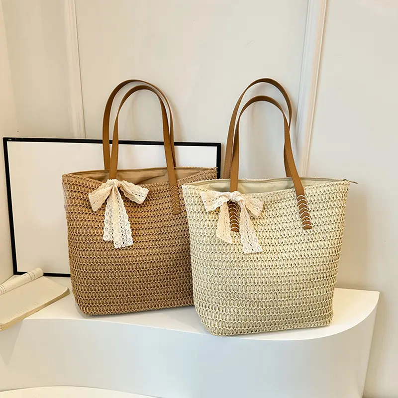 Straw Weave Ribbon Tote Summer Beach Bags for Women's Large Capacity Fashion Shoulder Bag Ladies Hand-Woven Handbags Purses