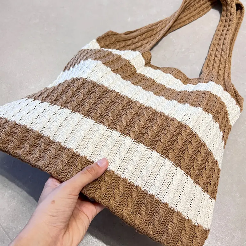Simple Woven Shoulder Bags Women Large Capacity Summer Casual Handbags Stripe Tote Sling Purses Beach Style