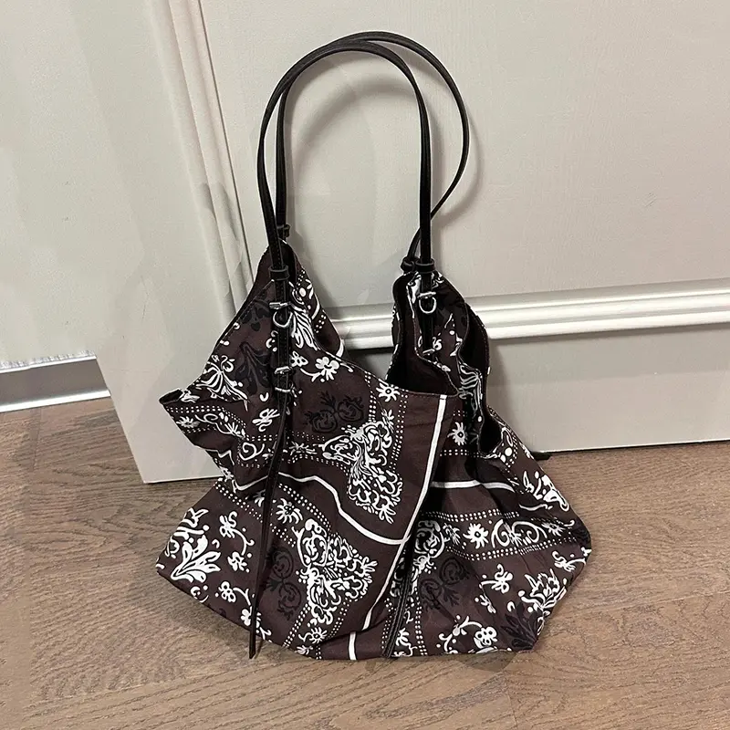 Ethnic Print Pattern Nylon Shoulder Bag Versatile Stylish Lazy Tote Bag Niche Designer Large Capacity Shopping Handbags