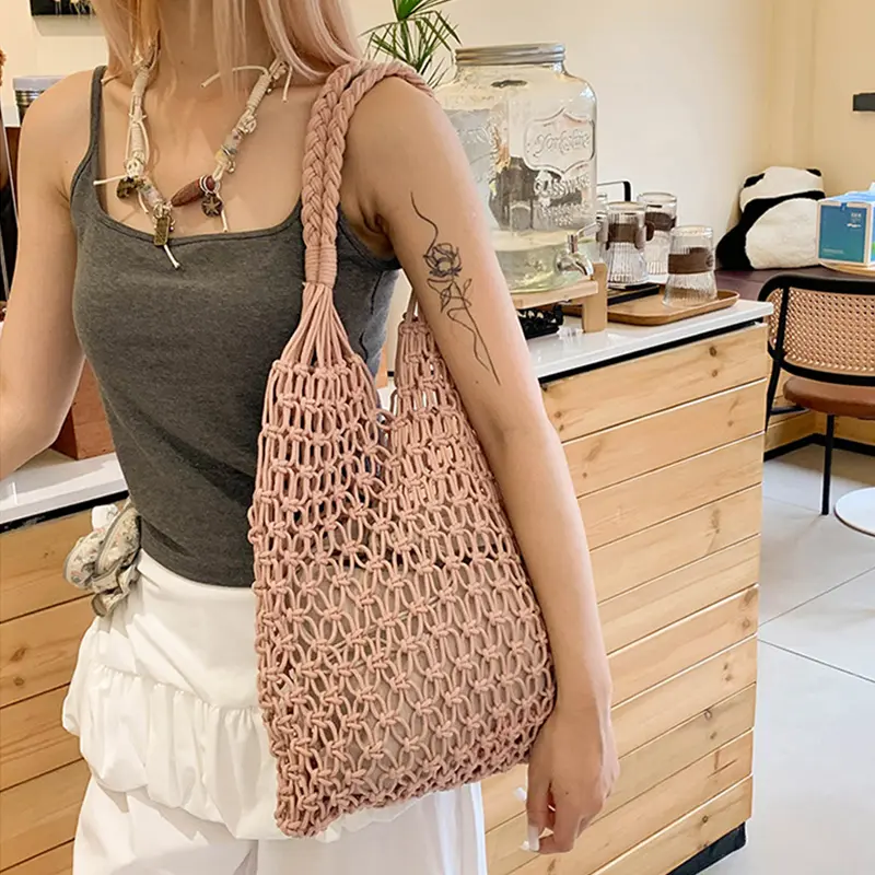 Women Rope Weave Shoulder Bag Large Capacity Hollow Out Tote Bag Solid Color Woven Carrying Bag Chic Hobo Bag