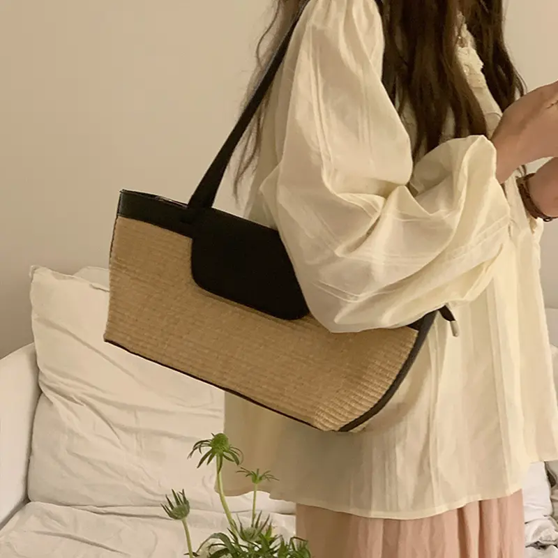 Retro Seaside Vacation Style Beach Bag Stylish Versatile Hand-held Basket Woven Bag Fashionable Shoulder Bags