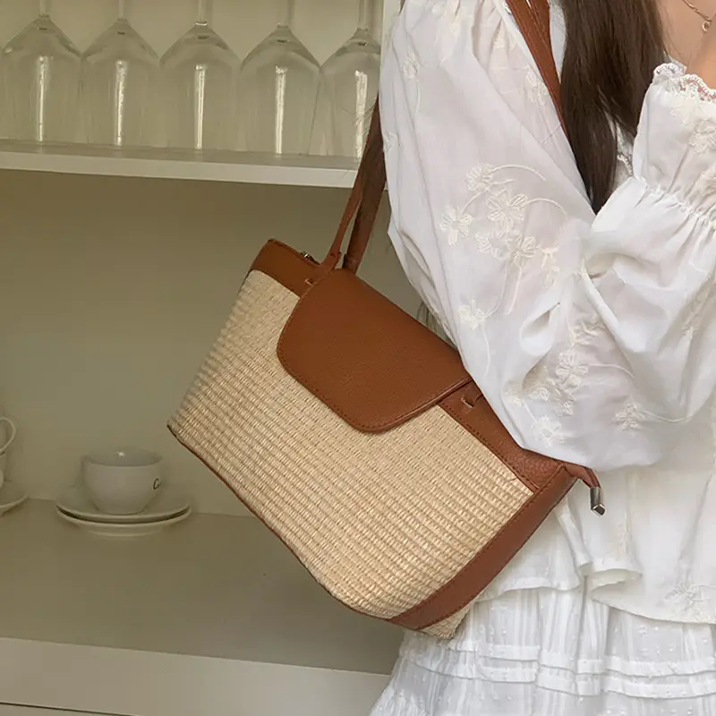 Retro Seaside Vacation Style Beach Bag Stylish Versatile Hand-held Basket Woven Bag Fashionable Shoulder Bags