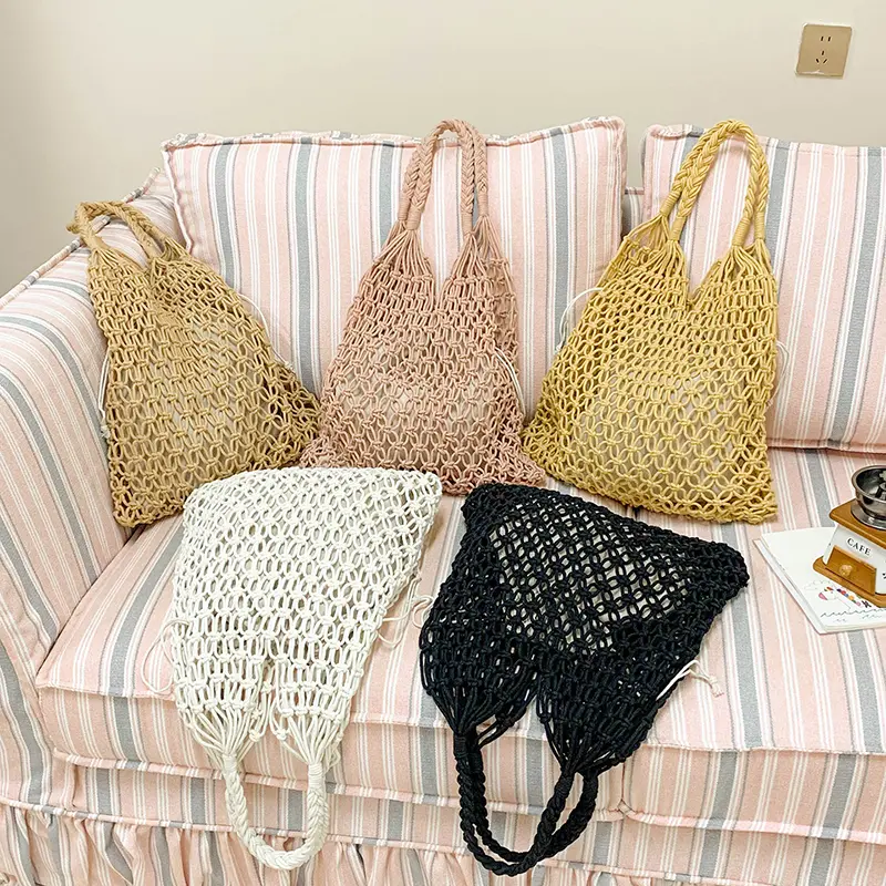 Women Rope Weave Shoulder Bag Large Capacity Hollow Out Tote Bag Solid Color Woven Carrying Bag Chic Hobo Bag