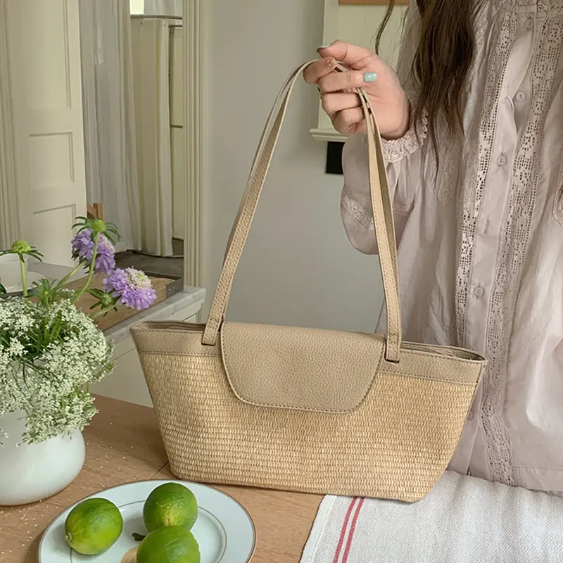 Retro Seaside Vacation Style Beach Bag Stylish Versatile Hand-held Basket Woven Bag Fashionable Shoulder Bags
