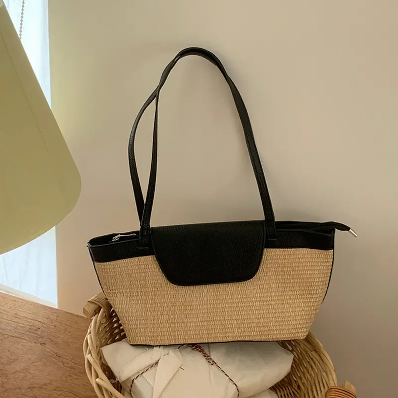 Retro Seaside Vacation Style Beach Bag Stylish Versatile Hand-held Basket Woven Bag Fashionable Shoulder Bags