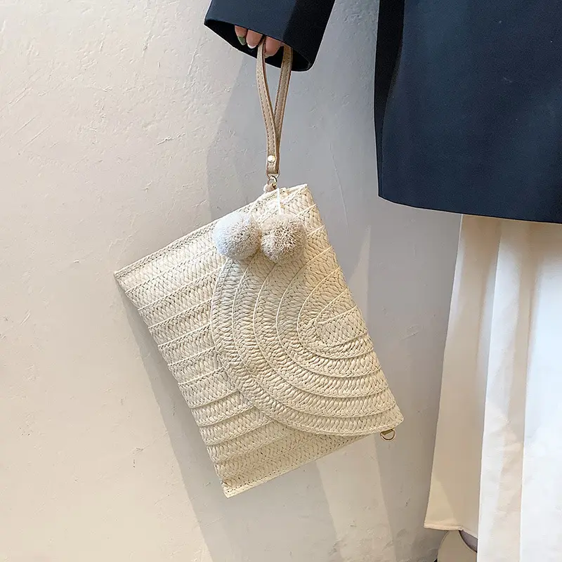 Summer Beach Bag Straw Clutch Envelope Bag Ball pendant Crossbody Bag for Women Travel Shoulder Bags Ladies Casual Shopper Totes