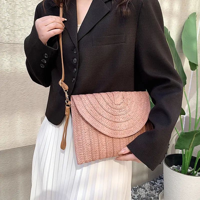Summer Beach Bag Clutch Envelope Bag Straw Woven Crossbody Bag for Women Shoulder Bags Ladies Casual Travel Wrist Shopper Totes
