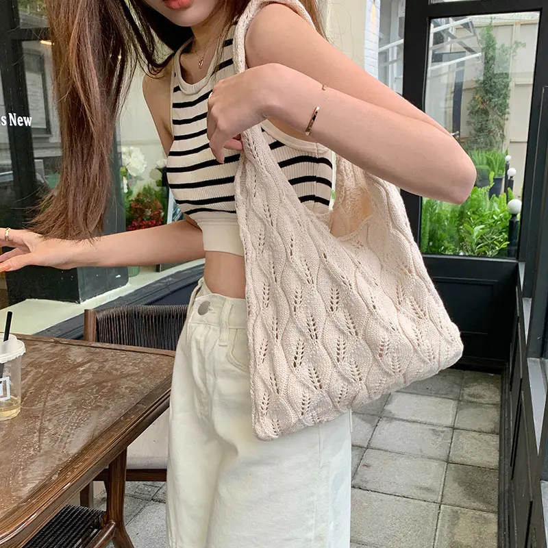 Handmade Knit Handbag Women Casual Solid Color Shopper Tote Bag Student Reusable Books Pack Large Capacity Handbags