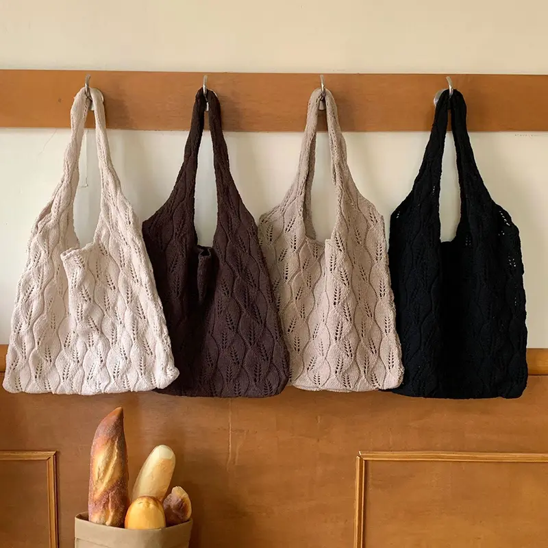 Handmade Knit Handbag Women Casual Solid Color Shopper Tote Bag Student Reusable Books Pack Large Capacity Handbags