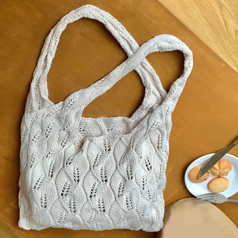 Handmade Knit Handbag Women Casual Solid Color Shopper Tote Bag Student Reusable Books Pack Large Capacity Handbags