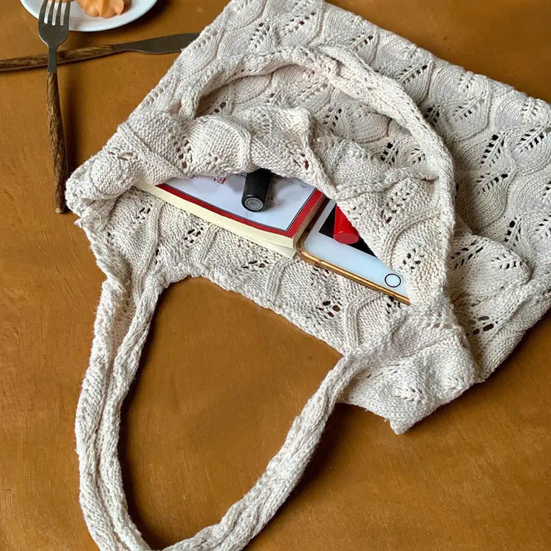 Handmade Knit Handbag Women Casual Solid Color Shopper Tote Bag Student Reusable Books Pack Large Capacity Handbags