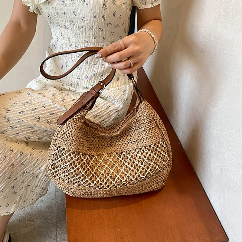 Straw Woven Bag Women's Handbag Adjustable Strap Summer Underarm Bag Large Capacity Fashion Hollow Knitted Shoulder Bags