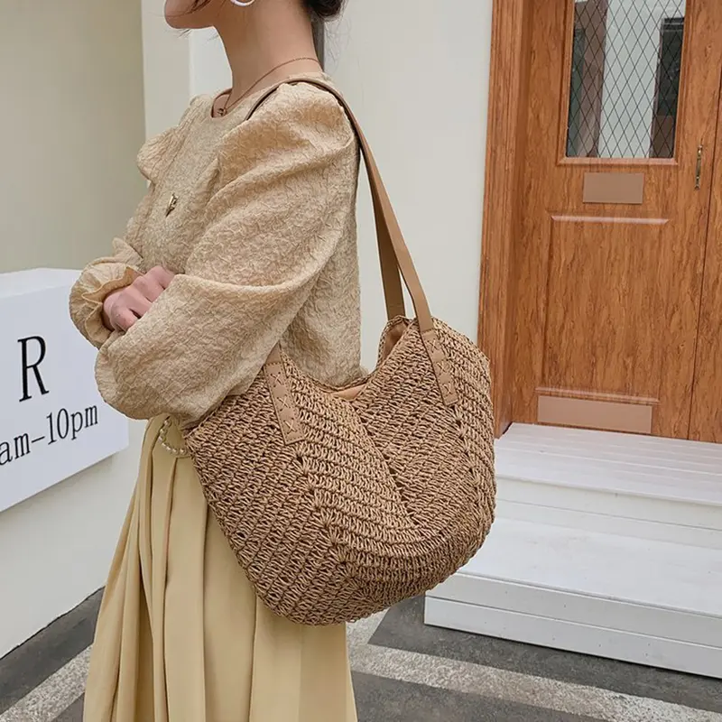 Large Capacity Summer Beach Shoulder Bags Simple Luxury Design Fashion Travel Handbag Female Straw Woven Top Handle Shopper Tote