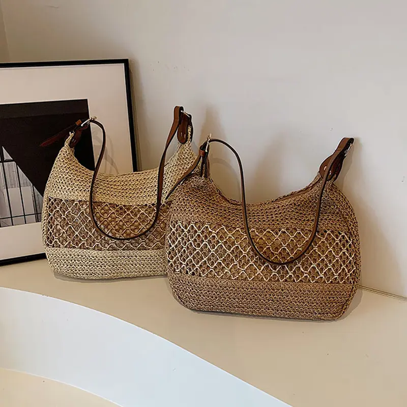 Straw Woven Bag Women's Handbag Adjustable Strap Summer Underarm Bag Large Capacity Fashion Hollow Knitted Shoulder Bags