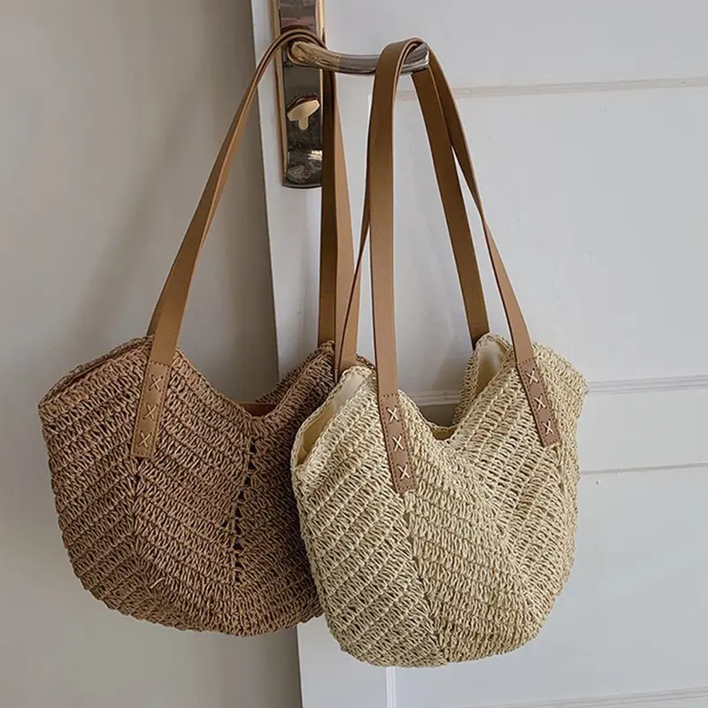 Large Capacity Summer Beach Shoulder Bags Simple Luxury Design Fashion Travel Handbag Female Straw Woven Top Handle Shopper Tote