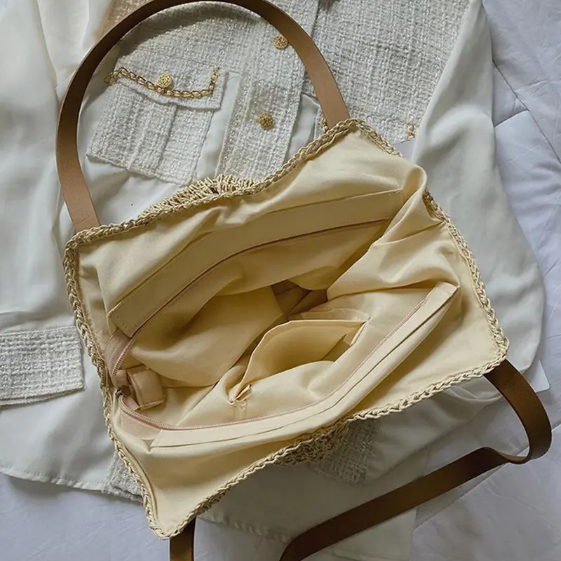 Large Capacity Summer Beach Shoulder Bags Simple Luxury Design Fashion Travel Handbag Female Straw Woven Top Handle Shopper Tote
