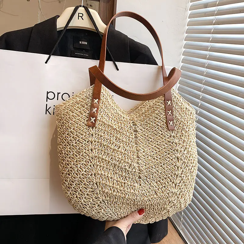 Large Capacity Summer Beach Straw Shoulder Bags Simple Luxury Brand Fashion Travel Handbag Female Top Handle Shopping Tote Purse
