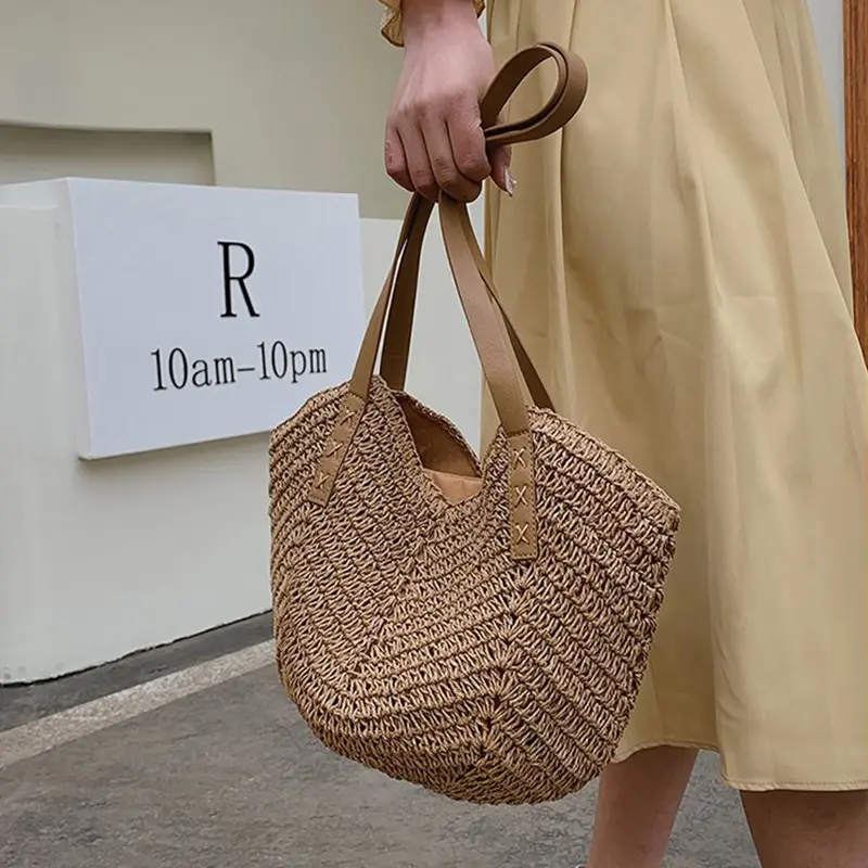Large Capacity Summer Beach Shoulder Bags Simple Luxury Design Fashion Travel Handbag Female Straw Woven Top Handle Shopper Tote