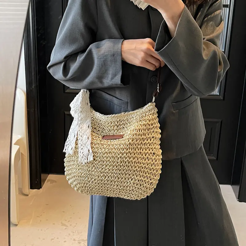 Large Capacity Straw Knitted Purses and Handbags Women Shoulder Bags Straw Woven Crossbody Bag for Ladies Beach Bag
