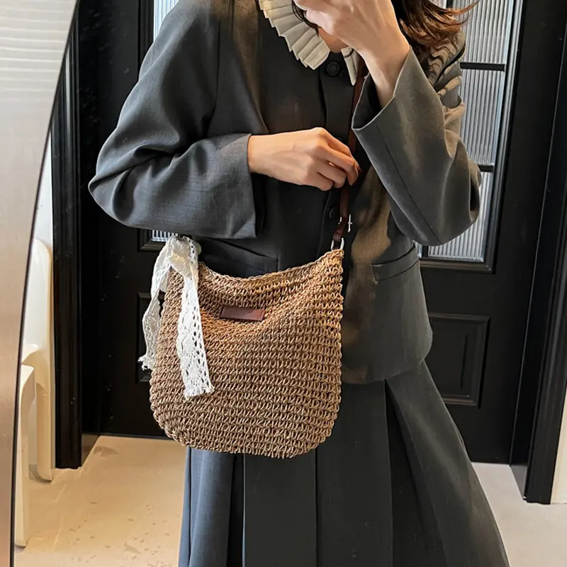 Large Capacity Straw Knitted Purses and Handbags Women Shoulder Bags Straw Woven Crossbody Bag for Ladies Beach Bag