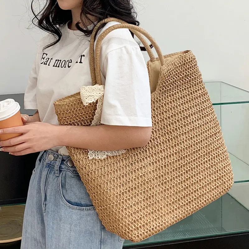 Fashion Large Capacity Shoulder Shopper Totes Women Straw Woven Beach Bag Basket Handbag Bohemia Rattan Knitted Top Handle Bags