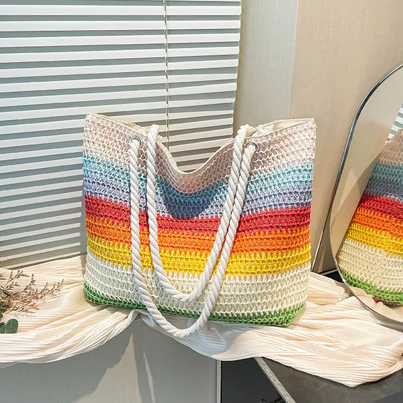 Casual Beach Handbag Strip Weave Bag Large Capacity Rainbow Beach Bag Bohemian Hollow Design Shopper Tote