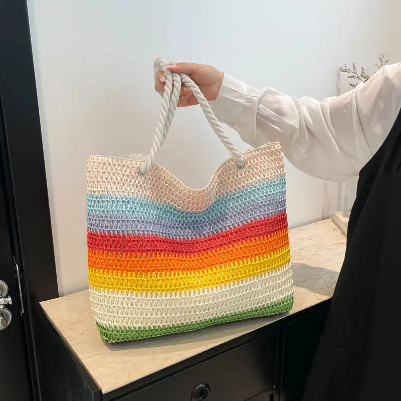 Casual Beach Handbag Strip Weave Bag Large Capacity Rainbow Beach Bag Bohemian Hollow Design Shopper Tote