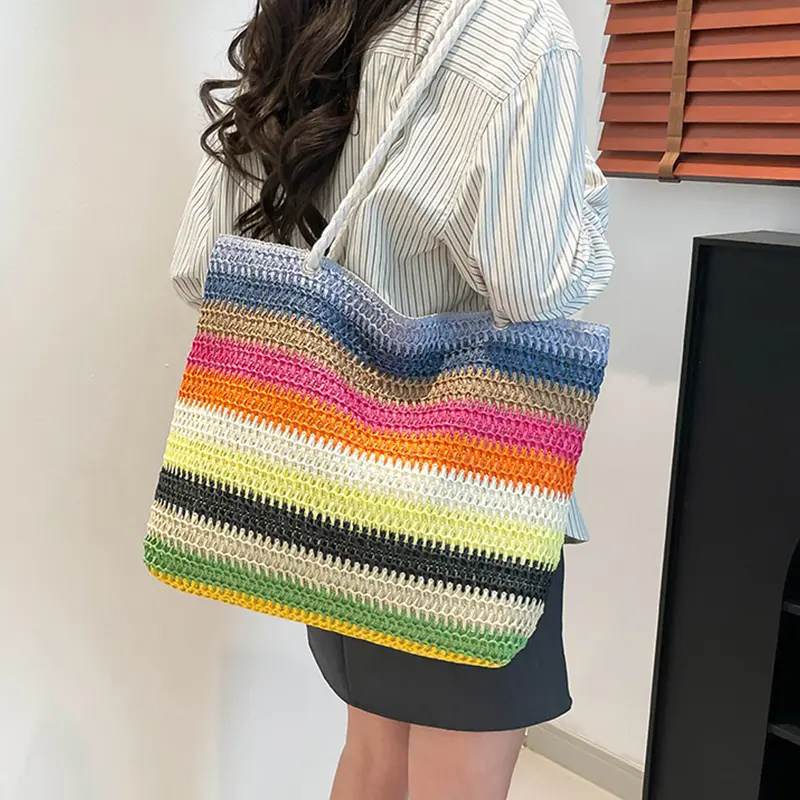 Casual Beach Handbag Strip Weave Bag Large Capacity Rainbow Beach Bag Bohemian Hollow Design Shopper Tote