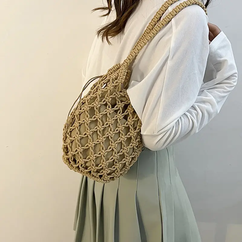 Female Small Underarm Shoulder Bag Bohemian Casual Travel Knitted Bucket Handbag For Women Drawstring Shopper Totes Beach Bag