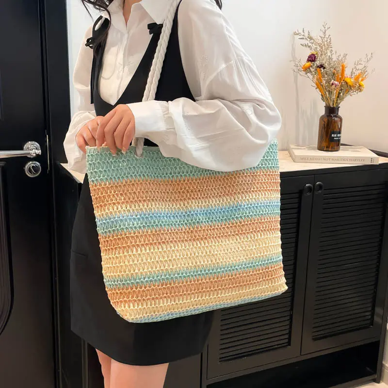 Casual Beach Handbag Strip Weave Bag Large Capacity Rainbow Beach Bag Bohemian Hollow Design Shopper Tote