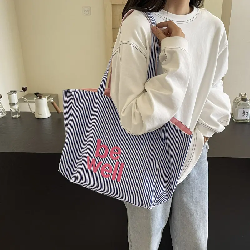 Fashion Classic Contrast Stripe Design Tote Bag Large Capacity Portable Letter Pattern Decoration Design Women Shoulder Bag