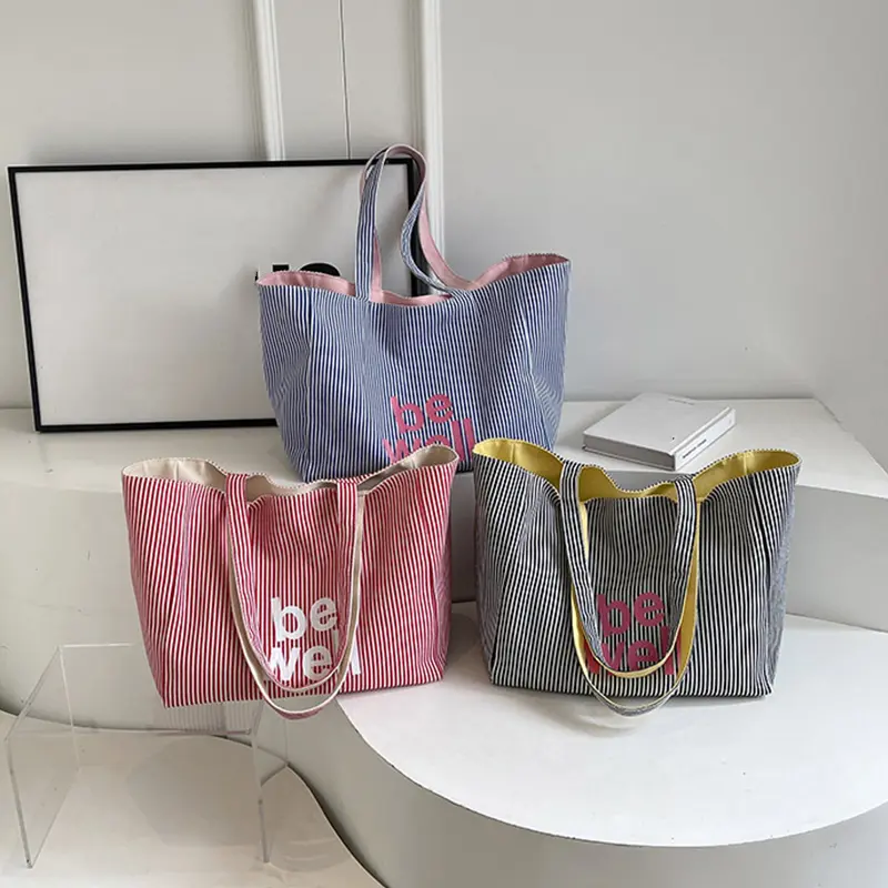 Fashion Classic Contrast Stripe Design Tote Bag Large Capacity Portable Letter Pattern Decoration Design Women Shoulder Bag