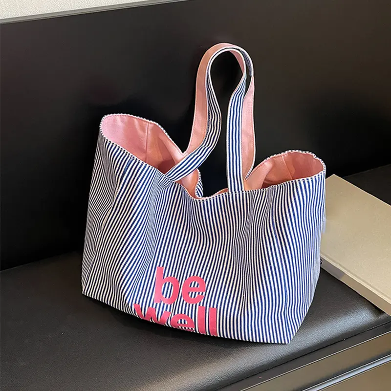 Fashion Classic Contrast Stripe Design Tote Bag Large Capacity Portable Letter Pattern Decoration Design Women Shoulder Bag