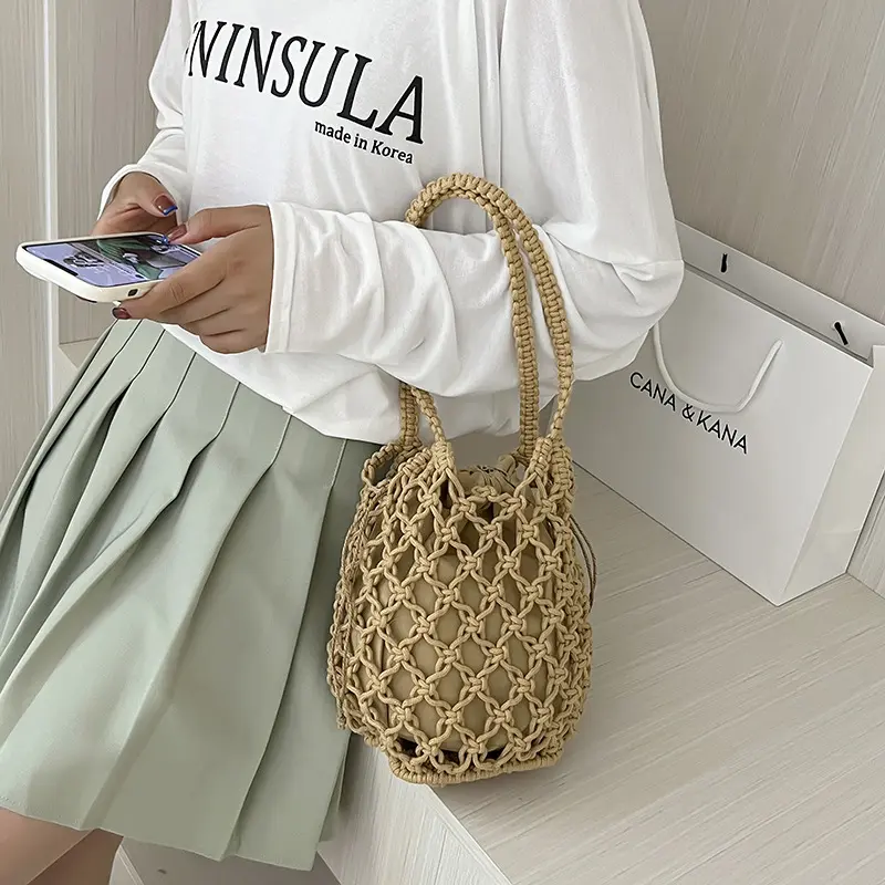 Female Small Underarm Shoulder Bag Bohemian Casual Travel Knitted Bucket Handbag For Women Drawstring Shopper Totes Beach Bag