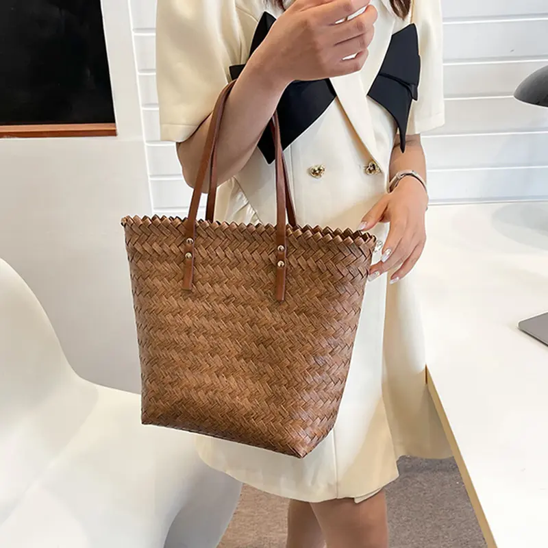 Fashion Women Straw Woven Bag Casual Basket Shoulder Bag Large Capacity Handbags Wicker Summer Beach Travel Shopping Totes