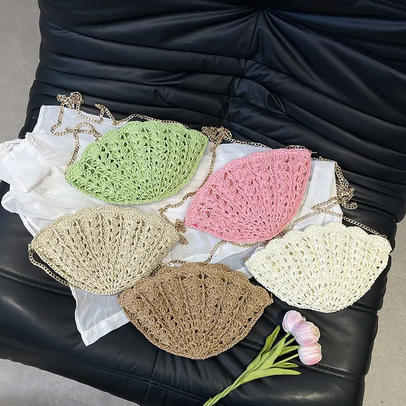 Women Straw Shell Shoulder Bag Wave Beach Crossbody Bags Hollow Hand-woven Clutch Purse for Summer Travel