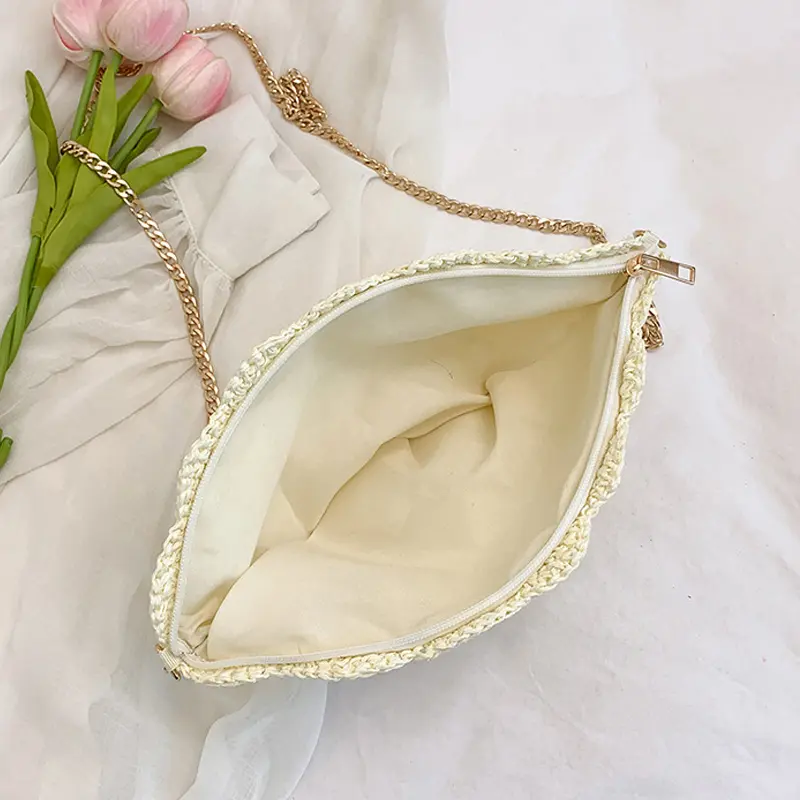 Women Straw Shell Shoulder Bag Wave Beach Crossbody Bags Hollow Hand-woven Clutch Purse for Summer Travel