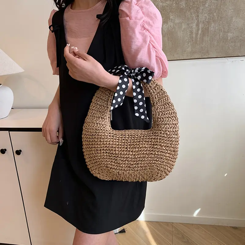 Summer New Women's Woven Handbag Polka Dot Bow Tie Handbag Tote Bag Casual Ladies Shoulder Bag Beach Vacation Handbag
