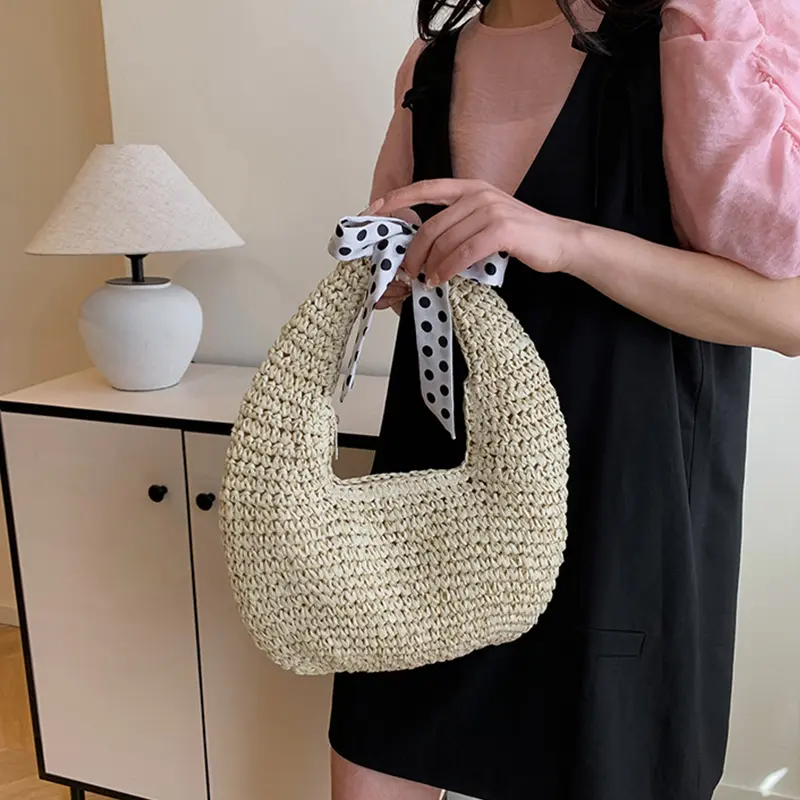 Summer New Women's Woven Handbag Polka Dot Bow Tie Handbag Tote Bag Casual Ladies Shoulder Bag Beach Vacation Handbag