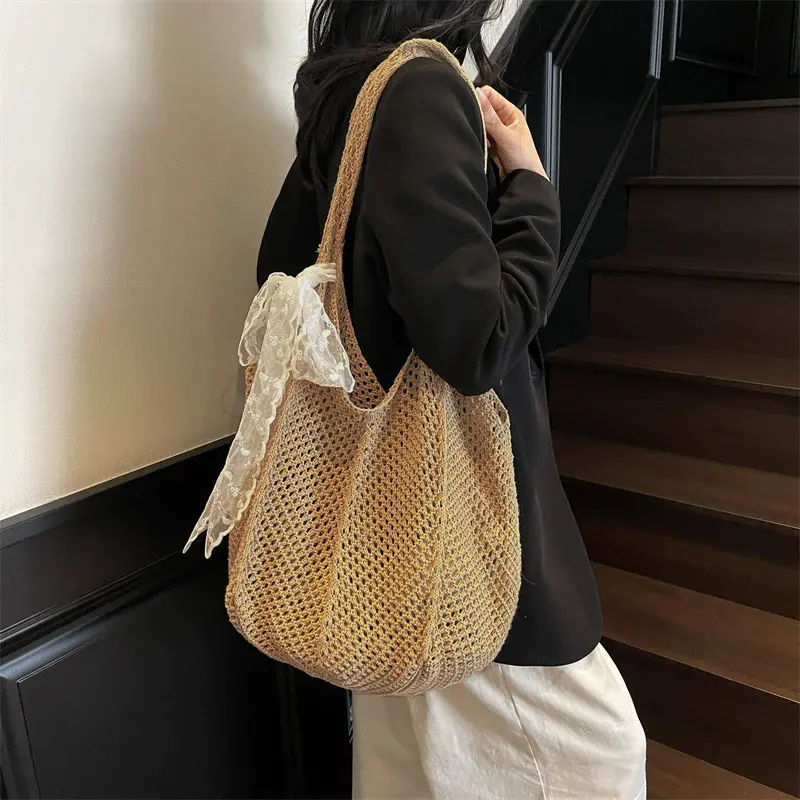Women's Crochet Shoulder Bag Hollow Out Mesh Large Capacity Handbag Solid Color Summer Beach Tote Bag for Outings Work