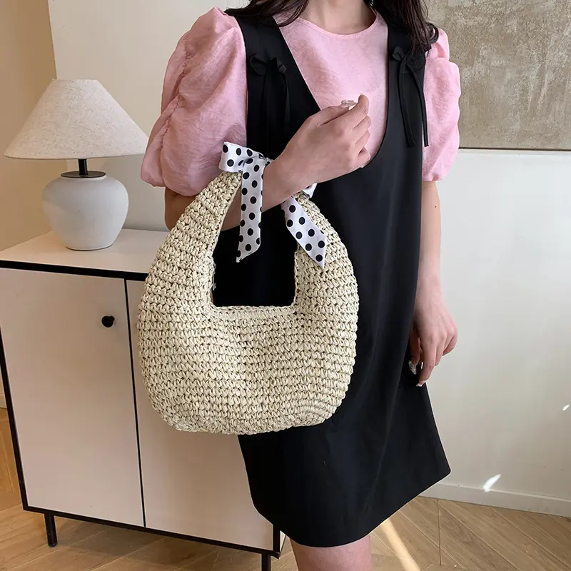 Summer New Women's Woven Handbag Polka Dot Bow Tie Handbag Tote Bag Casual Ladies Shoulder Bag Beach Vacation Handbag