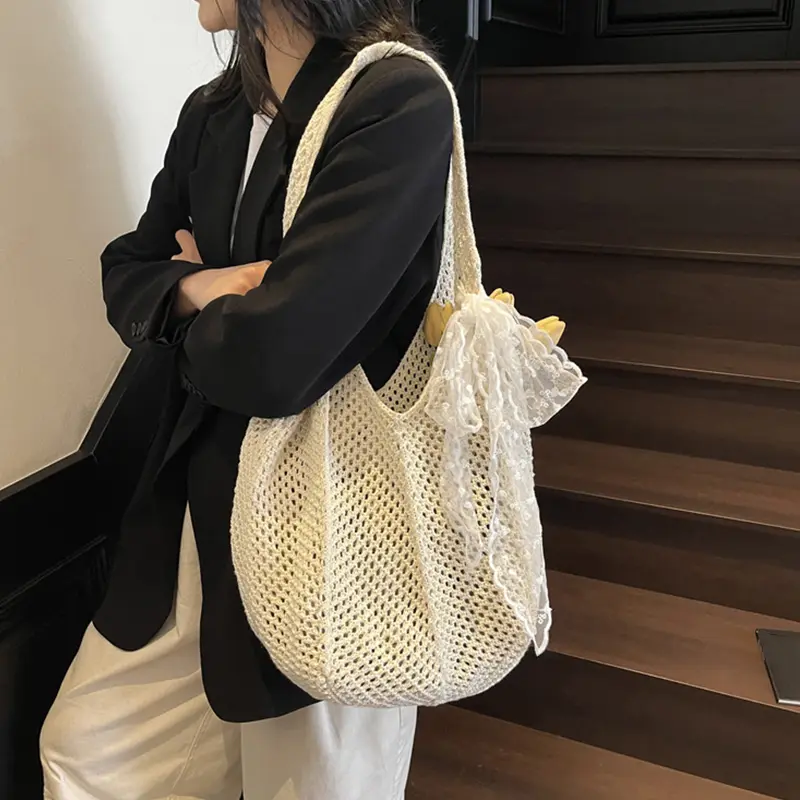 Women's Crochet Shoulder Bag Hollow Out Mesh Large Capacity Handbag Solid Color Summer Beach Tote Bag for Outings Work