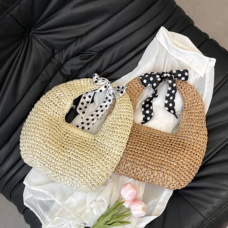Summer New Women's Woven Handbag Polka Dot Bow Tie Handbag Tote Bag Casual Ladies Shoulder Bag Beach Vacation Handbag