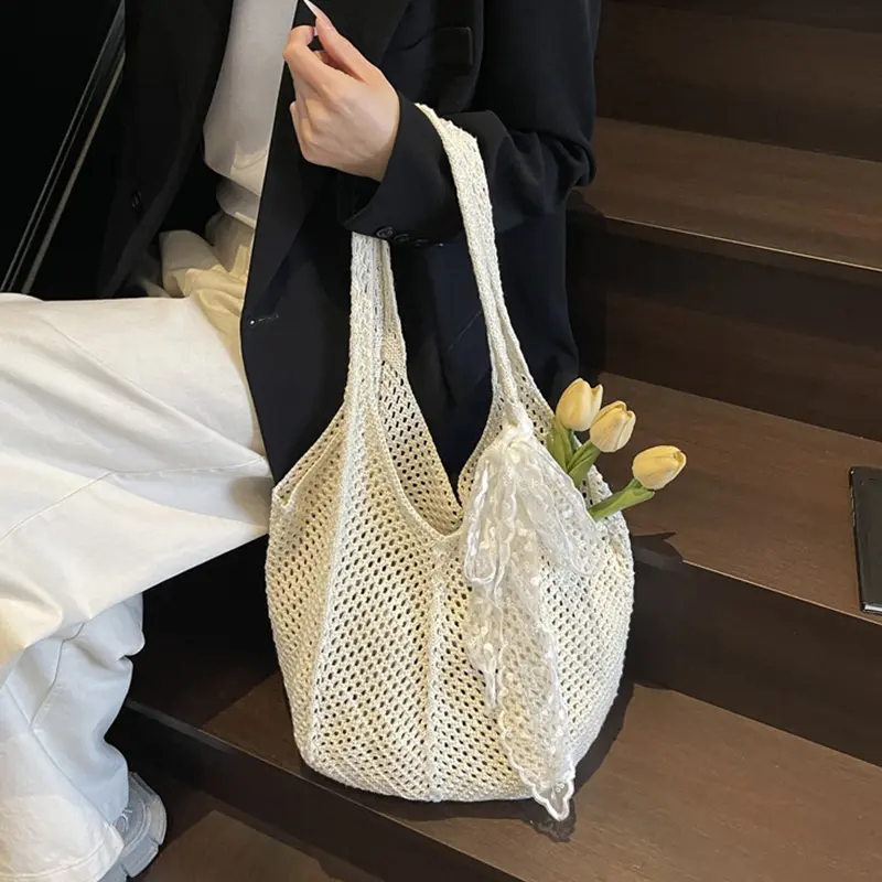 Women's Crochet Shoulder Bag Hollow Out Mesh Large Capacity Handbag Solid Color Summer Beach Tote Bag for Outings Work