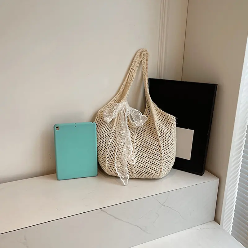 Women's Crochet Shoulder Bag Hollow Out Mesh Large Capacity Handbag Solid Color Summer Beach Tote Bag for Outings Work