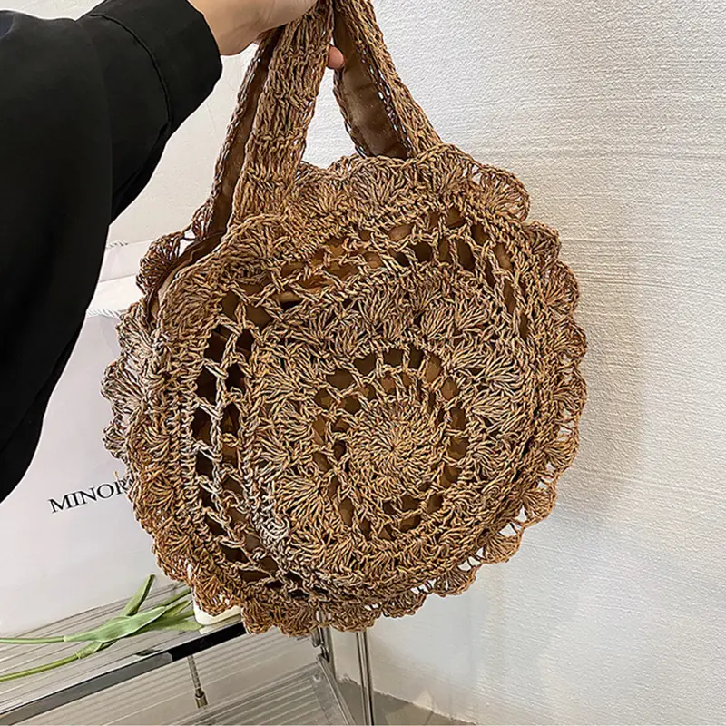 Hand-woven Round Straw Shoulder Bag Bohemian Summer Beach Bag Female Wicker Large Capacity Travel Shopper Tote Handbag For Women